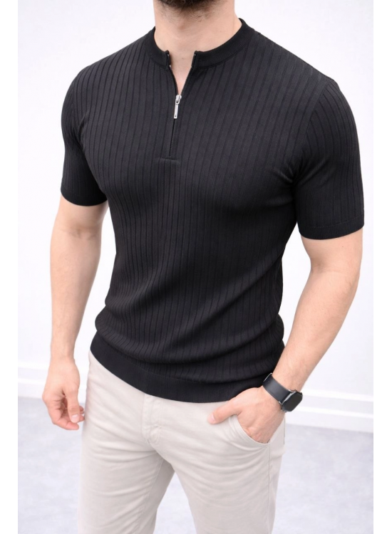 Erkek Kısa Kol Fitilli Triko T-Shirt Yazlık Hakim Yaka Tişört - Siyah Erkek Kısa Kol Fitilli Triko T-Shirt Yazlık Hakim Yaka Tişört - Siyah