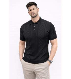 Erkek Yazlık Triko Tişört Kısa Kol Polo Yaka Düğmeli T-Shirt - Siyah