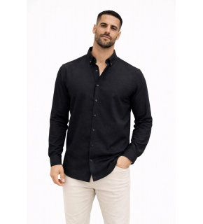 Erkek KETEN Kumaş  Uzun Kollu Regular Fit Gömlek - Siyah
