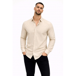 Erkek KETEN Kumaş  Uzun Kollu Regular fit Gömlek - Bej