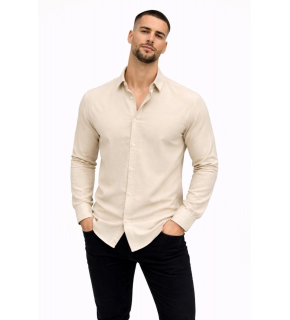 Erkek KETEN Kumaş  Uzun Kollu Regular fit Gömlek - Bej