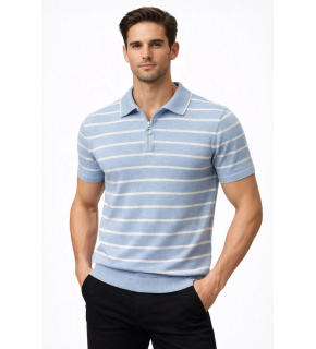 Erkek Triko Polo Yaka Fermuarlı Çizgili Tişört T-Shirt Yazlık Şık - Bebek Mavisi