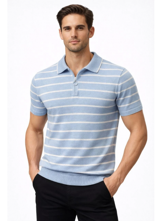 Erkek Triko Polo Yaka Fermuarlı Çizgili Tişört T-Shirt Yazlık Şık - Bebek Mavisi Erkek Triko Polo Yaka Fermuarlı Çizgili Tişört T-Shirt Yazlık Şık - Bebek Mavisi