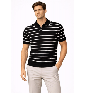 Erkek Triko Polo Yaka Fermuarlı Çizgili Tişört T-Shirt Yazlık Şık - Siyah