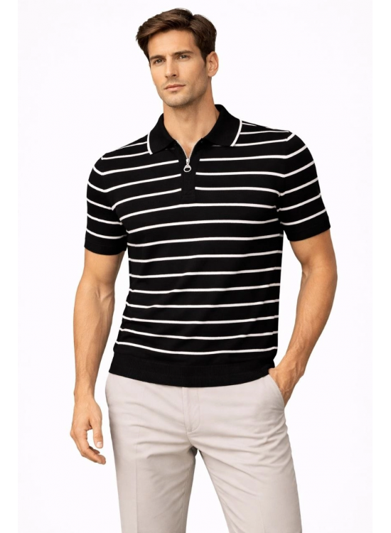 Erkek Triko Polo Yaka Fermuarlı Çizgili Tişört T-Shirt Yazlık Şık - Siyah Erkek Triko Polo Yaka Fermuarlı Çizgili Tişört T-Shirt Yazlık Şık - Siyah