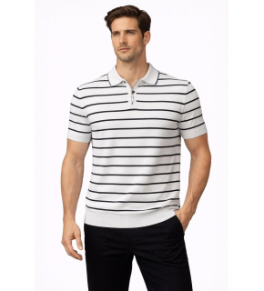 Erkek Triko Polo Yaka Fermuarlı Çizgili Tişört T-Shirt Yazlık Şık - Beyaz