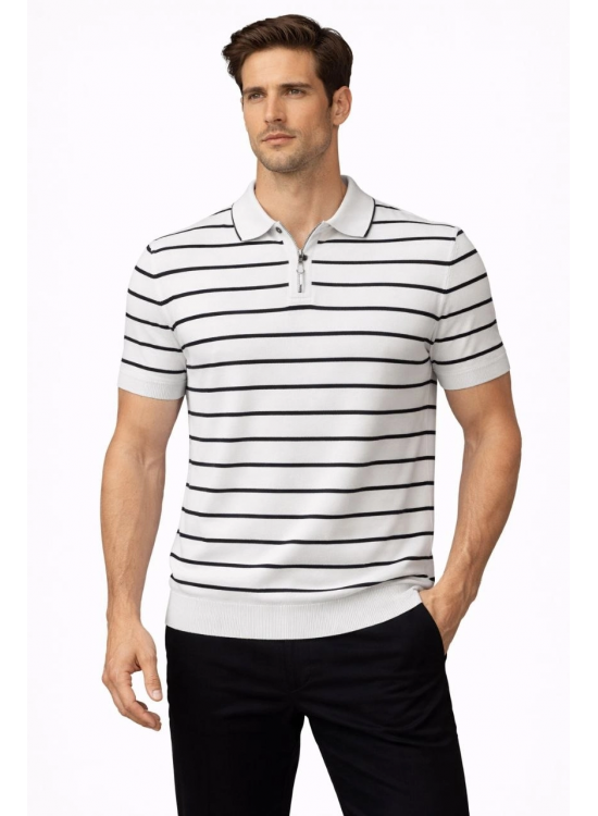 Erkek Triko Polo Yaka Fermuarlı Çizgili Tişört T-Shirt Yazlık Şık - Beyaz Erkek Triko Polo Yaka Fermuarlı Çizgili Tişört T-Shirt Yazlık Şık - Beyaz