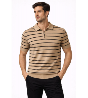 Erkek Triko Polo Yaka Fermuarlı Çizgili Tişört T-Shirt Yazlık Şık - Kahverengi