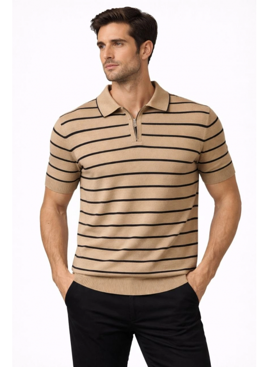 Erkek Triko Polo Yaka Fermuarlı Çizgili Tişört T-Shirt Yazlık Şık - Kahverengi Erkek Triko Polo Yaka Fermuarlı Çizgili Tişört T-Shirt Yazlık Şık - Kahverengi
