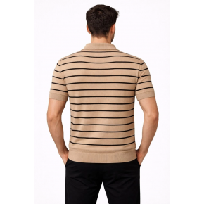 Erkek Triko Polo Yaka Fermuarlı Çizgili Tişört T-Shirt Yazlık Şık - Kahverengi