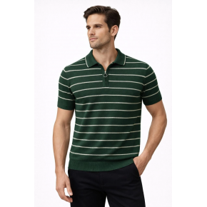 Erkek Triko Polo Yaka Fermuarlı Çizgili Tişört T-Shirt Yazlık Şık - Yeşil