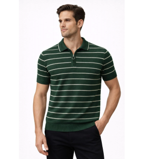 Erkek Triko Polo Yaka Fermuarlı Çizgili Tişört T-Shirt Yazlık Şık - Yeşil