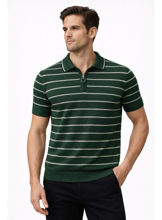 Erkek Triko Polo Yaka Fermuarlı Çizgili Tişört T-Shirt Yazlık Şık - Yeşil Erkek Triko Polo Yaka Fermuarlı Çizgili Tişört T-Shirt Yazlık Şık - Yeşil