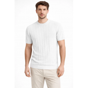 Erkek Yazlık Fitilli Triko Tişört Kısa Kol Bisiklet Yaka T-Shirt - Beyaz