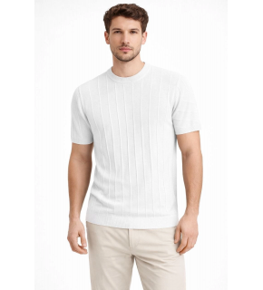 Erkek Yazlık Fitilli Triko Tişört Kısa Kol Bisiklet Yaka T-Shirt - Beyaz