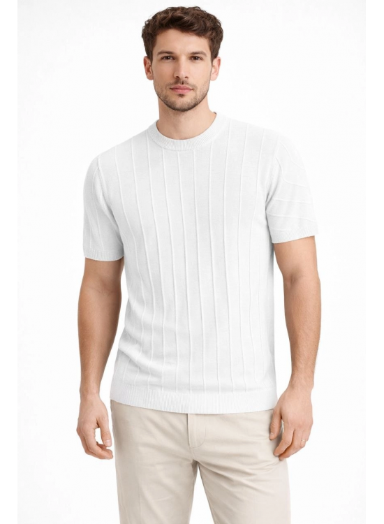 Erkek Yazlık Fitilli Triko Tişört Kısa Kol Bisiklet Yaka T-Shirt - Beyaz Erkek Yazlık Fitilli Triko Tişört Kısa Kol Bisiklet Yaka T-Shirt - Beyaz