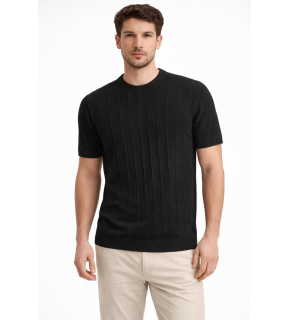 Erkek Yazlık Fitilli Triko Tişört Kısa Kol Bisiklet Yaka T-Shirt - Siyah