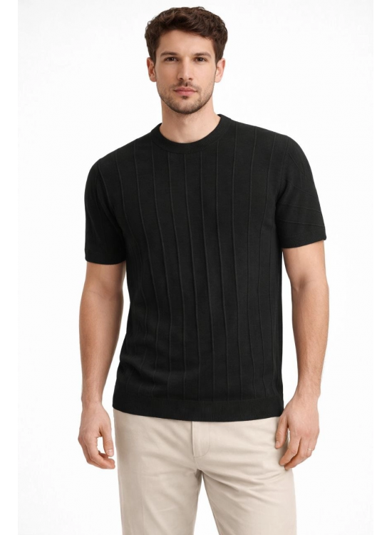 Erkek Yazlık Fitilli Triko Tişört Kısa Kol Bisiklet Yaka T-Shirt - Siyah Erkek Yazlık Fitilli Triko Tişört Kısa Kol Bisiklet Yaka T-Shirt - Siyah