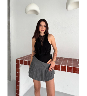 Kadın Dantel Detaylı Derin Dekolte Body Şık Kolsuz Yazlık Bodysuit - Siyah