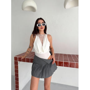 Kadın Dantel Detaylı Derin Dekolte Body Şık Kolsuz Yazlık Bodysuit - Beyaz