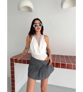 Kadın Dantel Detaylı Derin Dekolte Body Şık Kolsuz Yazlık Bodysuit - Beyaz