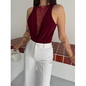 Kadın Dantel Detaylı Derin Dekolte Body Şık Kolsuz Yazlık Bodysuit - Bordo