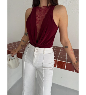 Kadın Dantel Detaylı Derin Dekolte Body Şık Kolsuz Yazlık Bodysuit - Bordo