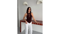 Kadın Dantel Detaylı Derin Dekolte Body Şık Kolsuz Yazlık Bodysuit - Kahvrenegi
