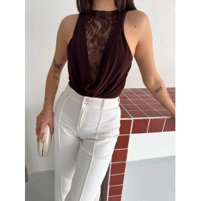 Kadın Dantel Detaylı Derin Dekolte Body Şık Kolsuz Yazlık Bodysuit - Kahvrenegi