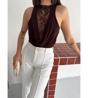 Kadın Dantel Detaylı Derin Dekolte Body Şık Kolsuz Yazlık Bodysuit - Kahvrenegi