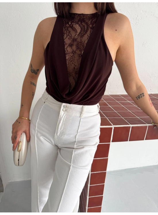Kadın Dantel Detaylı Derin Dekolte Body Şık Kolsuz Yazlık Bodysuit - Kahvrenegi