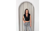 Kadın Vatkalı Kolsuz V Yaka Drapeli Crop Bluz Likralı Fit - Siyah