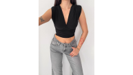 Kadın Vatkalı Kolsuz V Yaka Drapeli Crop Bluz Likralı Fit - Siyah
