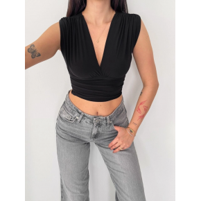 Kadın Vatkalı Kolsuz V Yaka Drapeli Crop Bluz Likralı Fit - Siyah