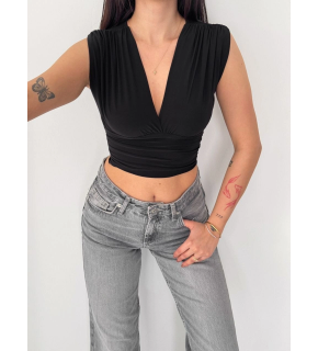 Kadın Vatkalı Kolsuz V Yaka Drapeli Crop Bluz Likralı Fit - Siyah