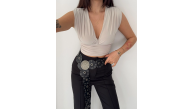 Kadın Vatkalı Kolsuz V Yaka Drapeli Crop Bluz Likralı Fit - Boyalı Gri