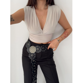 Kadın Vatkalı Kolsuz V Yaka Drapeli Crop Bluz Likralı Fit - Boyalı Gri