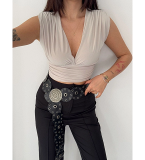 Kadın Vatkalı Kolsuz V Yaka Drapeli Crop Bluz Likralı Fit - Boyalı Gri