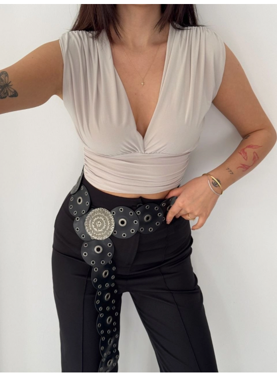 Kadın Vatkalı Kolsuz V Yaka Drapeli Crop Bluz Likralı Fit - Boyalı Gri