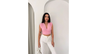 Kadın Vatkalı Kolsuz V Yaka Drapeli Crop Bluz Likralı Fit - Pembe