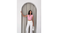 Kadın Vatkalı Kolsuz V Yaka Drapeli Crop Bluz Likralı Fit - Pembe
