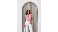 Kadın Vatkalı Kolsuz V Yaka Drapeli Crop Bluz Likralı Fit - Pembe