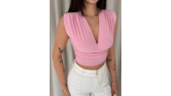 Kadın Vatkalı Kolsuz V Yaka Drapeli Crop Bluz Likralı Fit - Pembe
