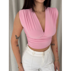 Kadın Vatkalı Kolsuz V Yaka Drapeli Crop Bluz Likralı Fit - Pembe