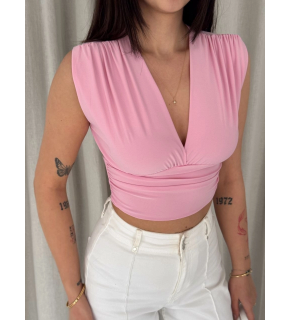 Kadın Vatkalı Kolsuz V Yaka Drapeli Crop Bluz Likralı Fit - Pembe
