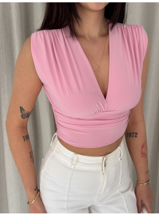 Kadın Vatkalı Kolsuz V Yaka Drapeli Crop Bluz Likralı Fit - Pembe