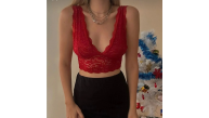 Kadın Dantel Bralet Crop Sütyen V Yaka Askılı Şık Esnek Rahat - Kırmızı