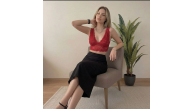 Kadın Dantel Bralet Crop Sütyen V Yaka Askılı Şık Esnek Rahat - Kırmızı