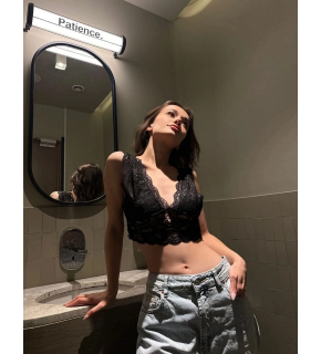 Kadın Dantel Bralet Crop Sütyen V Yaka Askılı Şık Esnek Rahat - Siyah