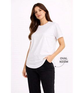 Kadın Basic T-Shirt Kısa Kol Bisiklet Yaka Oval Kesim Tişört - Beyaz